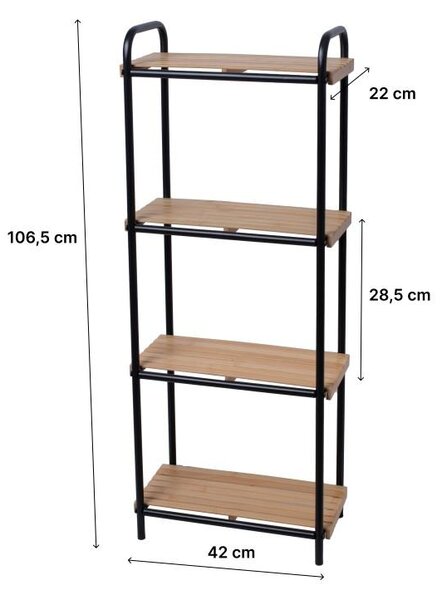 Erga Mike, kovový koupelnový čtyřpolicový regál pro postavení 42x22x106,5 cm, černá-přírodní hnědá, ERG-YKA-P.MIKE-4