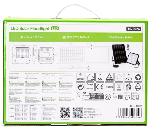 Aigostar - LED Stmívatelný solární reflektor LED/100W/3,4V IP66 + DO