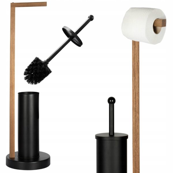 Erga Aurora Black, toaletní WC kartáč s dřevěným držákem na WC papír na postavení 19x19x72,5 cm, hnědá-černá, ERG-SEP-1004SEPSTLUNA