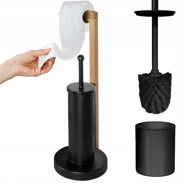 Erga Aurora Small Black, toaletní WC kartáč s dřevěným držákem na WC papír na postavení 19x19x56 cm, hnědá-černá, ERG-SEP-1340STLAZSBLA