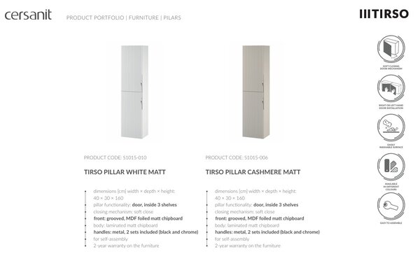 Cersanit Tirso, vysoká závěsná skříňka 400x302x1600 mm, bílá matná, S1015-010