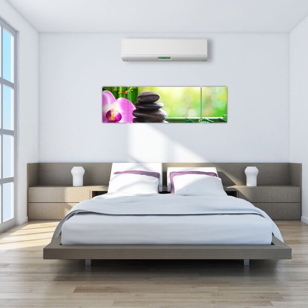 Obraz masážních kamenů a orchidee na vodě (170x50 cm)