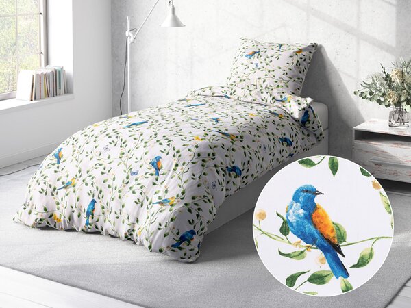 Biante Bavlněné ložní povlečení Sandra SA-501 Modří ptáčci a větvičky na bílém Jednolůžko 140x200 a 70x90 cm
