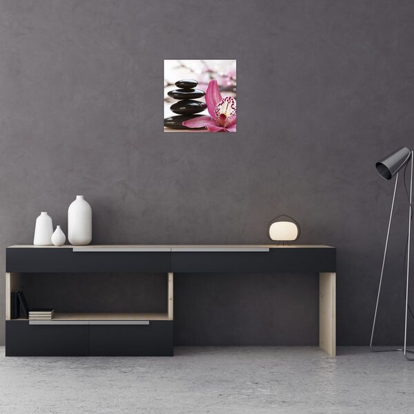 Obraz masážních kamenů a orchidee (30x30 cm)