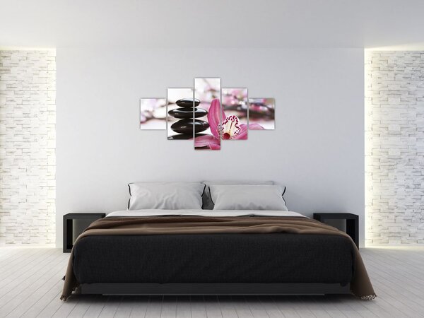 Obraz masážních kamenů a orchidee (125x70 cm)