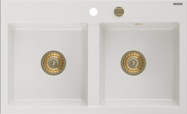 Mexen Hektor, 2-komorový granitový dřez 800x480x205 mm, bílá, zlatý sifon, 6521802000-20-G