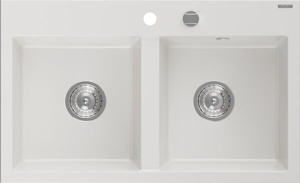Mexen Hektor, 2-komorový granitový dřez 800x480x205 mm, bílá, chromový sifon, 6521802000-20