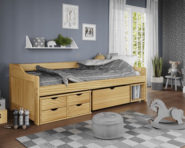 KONDELA Postel s úložným prostorem, přírodní, masiv, 90x200, MAXI NEW