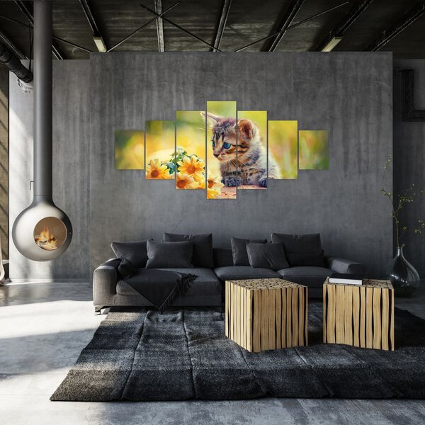 Obraz koťátka dívající se na květinu (210x100 cm)