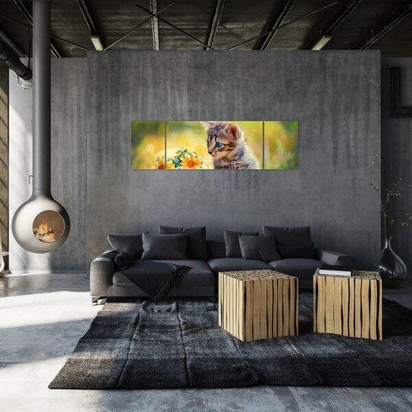 Obraz koťátka dívající se na květinu (170x50 cm)