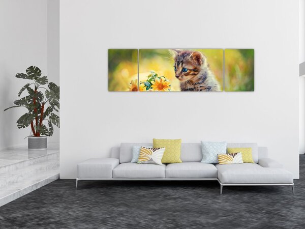 Obraz koťátka dívající se na květinu (170x50 cm)