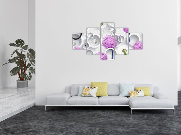 Obraz 3D abstrakce s kruhy a květinami (125x70 cm)