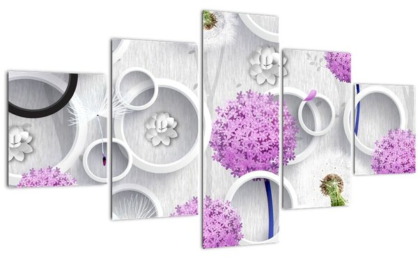 Obraz 3D abstrakce s kruhy a květinami (125x70 cm)
