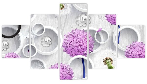 Obraz 3D abstrakce s kruhy a květinami (125x70 cm)