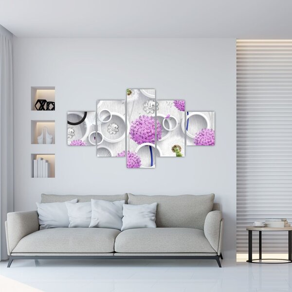 Obraz 3D abstrakce s kruhy a květinami (125x70 cm)