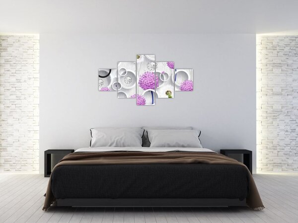 Obraz 3D abstrakce s kruhy a květinami (125x70 cm)
