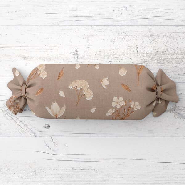 Biante Polštář válec bonbon Sandra SA-774 Smetanovo-hnědé jarní kvítí na hnědošedém 15x40 cm