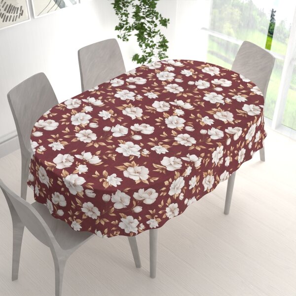 Biante Bavlněný oválný ubrus Sandra SA-773 Bílé květy na vínovém 50x100 cm