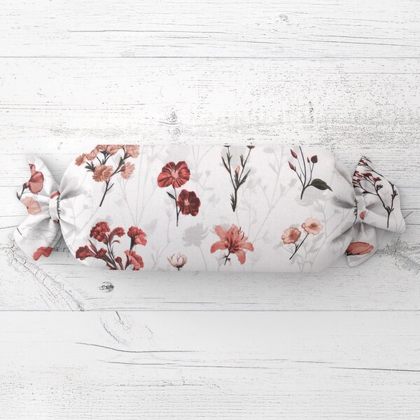 Biante Polštář válec bonbon Sandra SA-770 Vínovo-růžové luční kvítí na bílém 15x40 cm