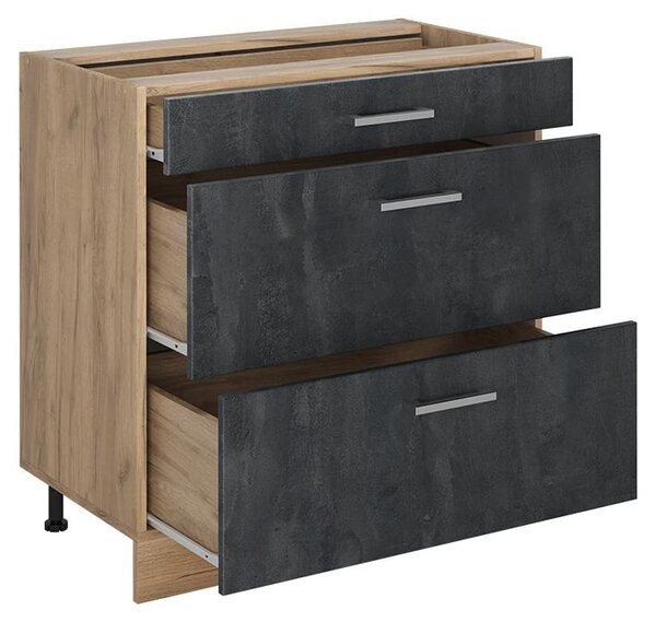 Spodní skříňka kuchyňské linky Vicco R-Line Černý beton/Zlatý mocný dub 80 cm se 3 zásuvkami pracovná doska Dub Goldkraft, Model 72453