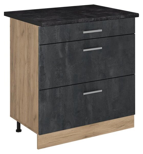 Spodní skříňka kuchyňské linky Vicco R-Line Černý beton/Zlatý mocný dub 80 cm se 3 zásuvkami pracovná doska antracitová, Model 72452