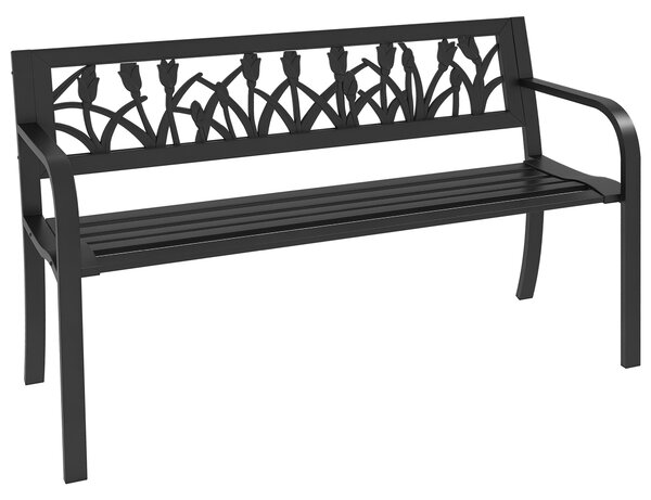 Outsunny Ocelová zahradní lavička, 2-místná lavička se zdobeným opěradlem a područkami, 125x50x75cm, Černá | Aosom