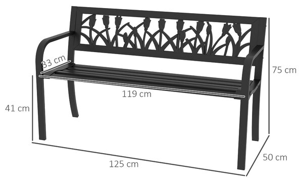 Outsunny Ocelová zahradní lavička, 2-místná lavička se zdobeným opěradlem a područkami, 125x50x75cm, Černá | Aosom