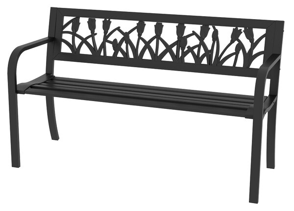 Outsunny Ocelová zahradní lavička, 2-místná lavička se zdobeným opěradlem a područkami, 125x50x75cm, Černá | Aosom