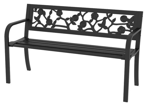 Zahradní lavice Outsunny z oceli, dvoumístná venkovní lavice s dekorativním opěradlem a loketními opěrkami, 127x50x75 cm, černá | Aosom
