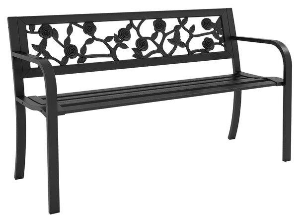 Zahradní lavice Outsunny z oceli, dvoumístná venkovní lavice s dekorativním opěradlem a loketními opěrkami, 127x50x75 cm, černá | Aosom