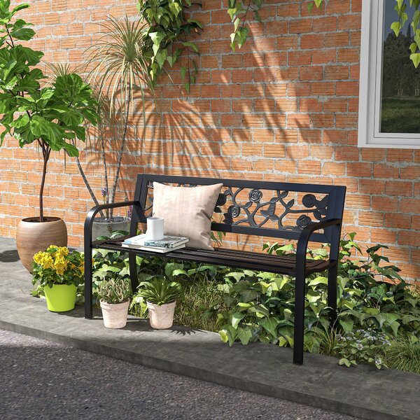 Zahradní lavice Outsunny z oceli, dvoumístná venkovní lavice s dekorativním opěradlem a loketními opěrkami, 127x50x75 cm, černá | Aosom