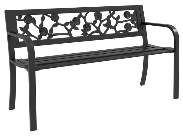 Zahradní lavice Outsunny z oceli, dvoumístná venkovní lavice s dekorativním opěradlem a loketními opěrkami, 127x50x75 cm, černá | Aosom