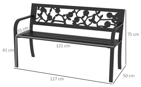 Zahradní lavice Outsunny z oceli, dvoumístná venkovní lavice s dekorativním opěradlem a loketními opěrkami, 127x50x75 cm, černá | Aosom