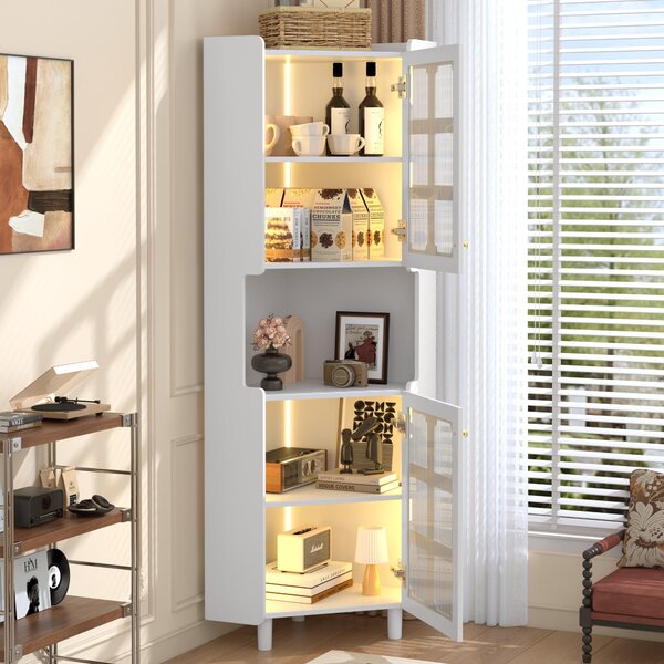 Bílý rohový skříňka z MDF s lakovaným povrchem, skleněnými dvířky a ovládáním přes aplikaci, rozměry 63,5 x 157,5 cm, vhodný do obývacího pokoje a dalších místností