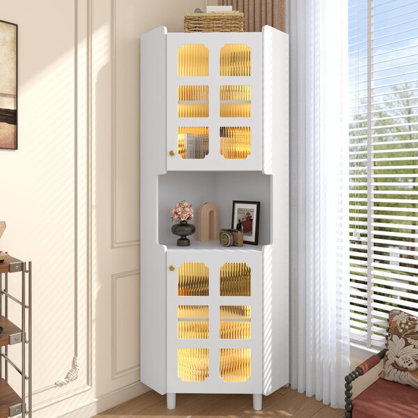 Bílý rohový skříňka z MDF s lakovaným povrchem, skleněnými dvířky a ovládáním přes aplikaci, rozměry 63,5 x 157,5 cm, vhodný do obývacího pokoje a dalších místností