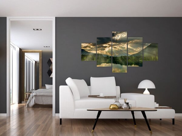Obraz jezera s průsvitajícím sluncem (125x70 cm)