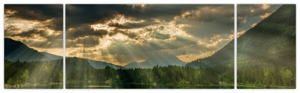 Obraz jezera s průsvitajícím sluncem (170x50 cm)
