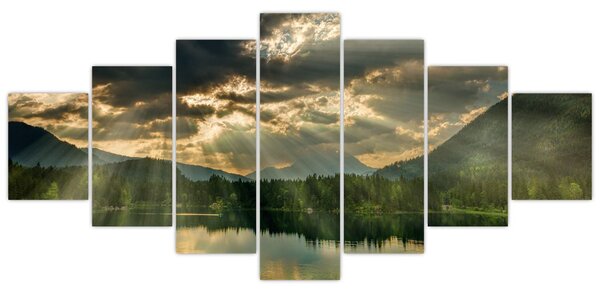 Obraz jezera s průsvitajícím sluncem (210x100 cm)