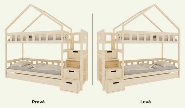 Domečková patrová postel PLOTTY s úložnými schody 90x200 cm - Nelakovaná, Zvolte šuplík: Bez šuplíku, Zvolte stranu: Vlevo