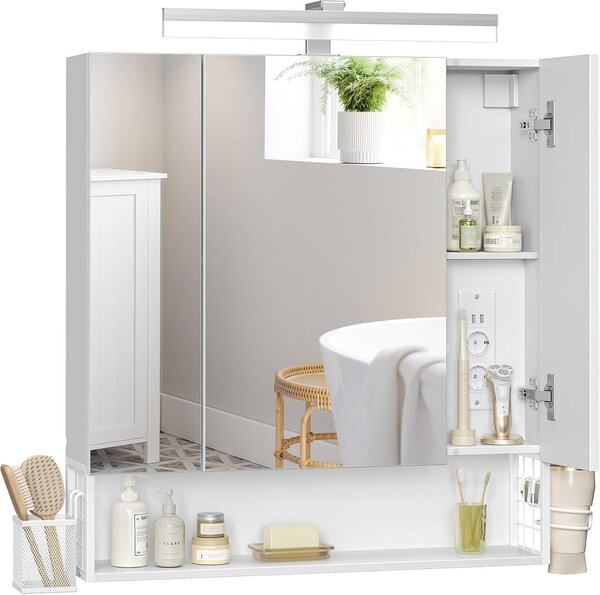 Zrcadlová skříňka do koupelny s LED osvětlením - s zásuvkami a USB porty - držák na fén - 70 x 16,5 x 75 cm - bílá