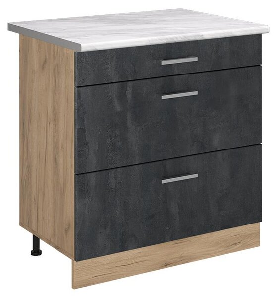 Spodní skříňka kuchyňské linky Vicco R-Line Černý beton/Zlatý mocný dub 80 cm se 3 zásuvkami pracovná doska Mramor, Model 72454