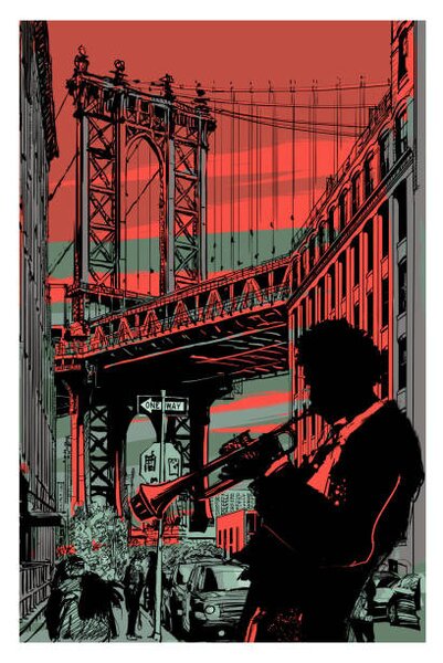 Ilustrace jazz trumpet player in brooklyn, isaxar, (26.7 x 40 cm)