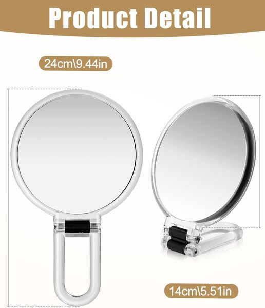 Zrcátko na líčení, oboustranné, s 30x a 1x zvětšením, průměr 12 cm, s nastavitelnou rukojetí