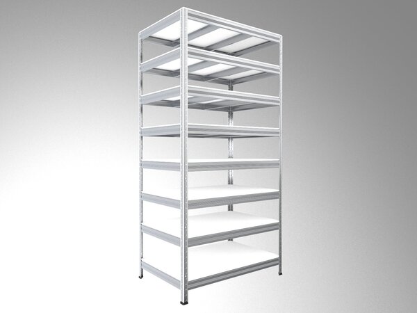 Bezšroubový regál Biedrax 35 x 75 x 210 cm, pozink, 8 polic bílé lamino 12mm, nosnost 300 kg na polici