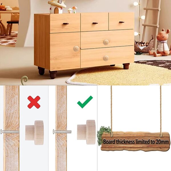 Sada 10 dřevěných úchytek do zásuvek, rozměr 35 x 26 mm, kulaté úchytky vhodné pro skříně, odolné a dodávané se šroubovákem