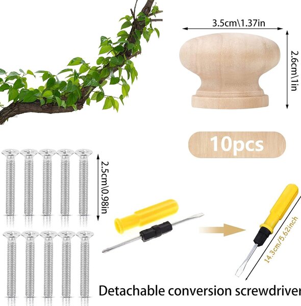 Sada 10 dřevěných úchytek do zásuvek, rozměr 35 x 26 mm, kulaté úchytky vhodné pro skříně, odolné a dodávané se šroubovákem