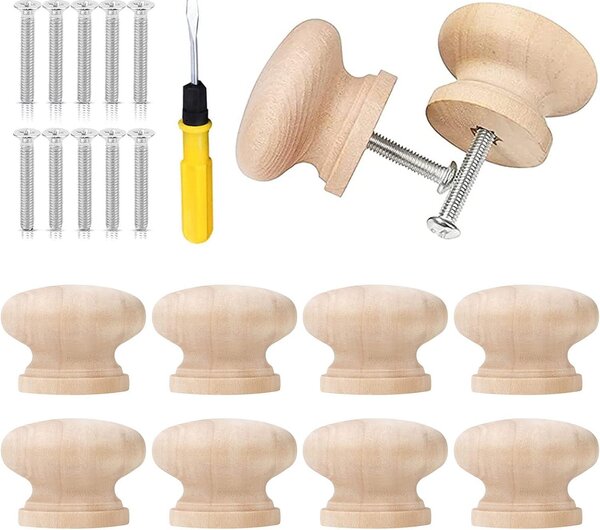 Sada 10 dřevěných úchytek do zásuvek, rozměr 35 x 26 mm, kulaté úchytky vhodné pro skříně, odolné a dodávané se šroubovákem