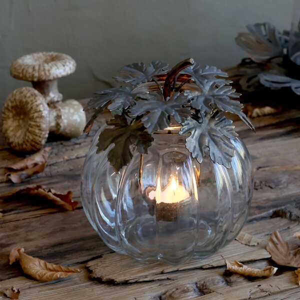 Skleněná lucerna ve tvaru dýně Hurricane Pumpkin na čajovou svíčku – Ø 14,5*17,5 cm - Chic Antique