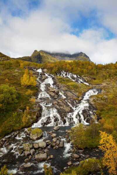 Fotografie Lofoten waterfall on Moskenesoya, Lofoten, Norway, miroslav_1, (26.7 x 40 cm)