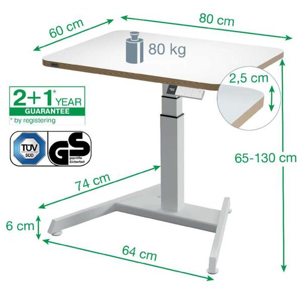 Výškově stavitelný stůl Leitz Ergo, 80 cm - elektrický, bílý